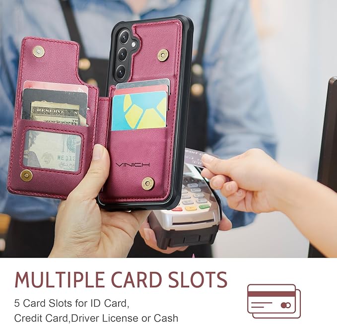 Vinich for Samsung Galaxy S24 FE Wallet Case with Card Holder, RFID Blocking Credit Slots Kickstand Shockproof Phone Cover for Women Men, Wine Red