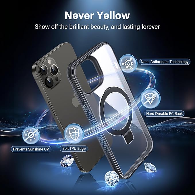 Magnetic Case for iPhone 13 Pro Max - [Built-in Invisible Stand] [Compatible with MagSafe] [Military Grade Drop Protection] Anti-Yellowing Hard Back Silicone Edge Cover, 6.7", Clear Black