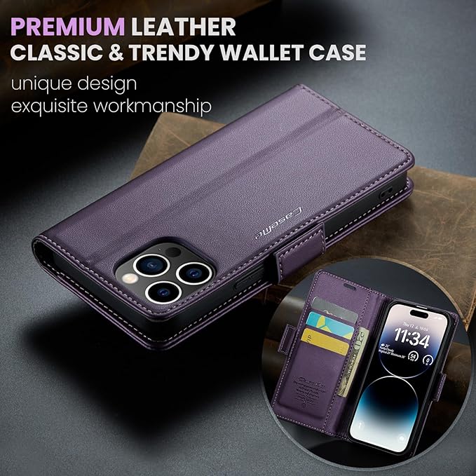 for iPhone 14 Pro Case, Premium PU Leather Wallet Case Flip Cover with [RFID Blocking][Card Holder][Stand Function] Shockproof Protective for iPhone 14 Pro 6.1 inch, Purple