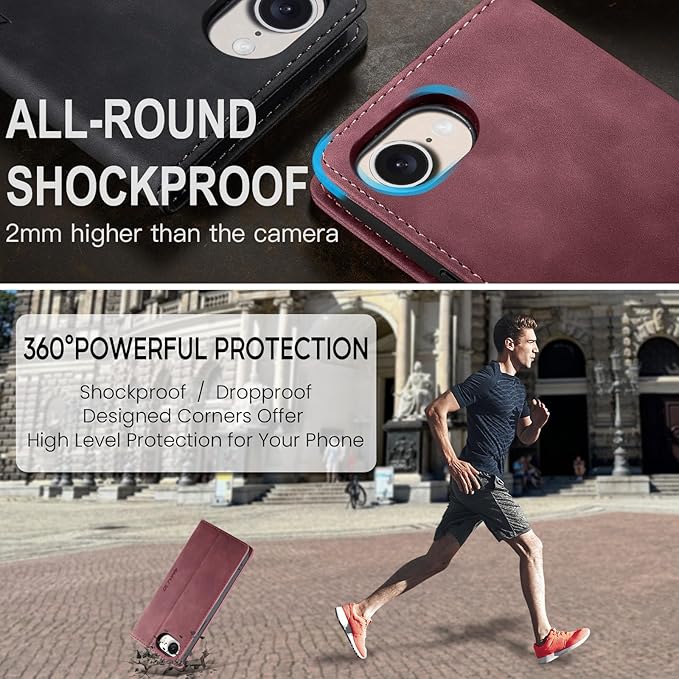 QLTYPRI Case for iPhone 16e, Vintage PU Leather Wallet Case Card Slot Kickstand Magnetic Closure Shockproof Flip Folio Cover for iPhone 16e - Red