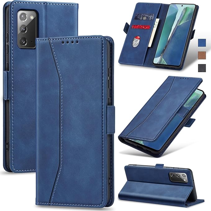 Jasonyu Flip Wallet Case for Samsung Galaxy Note 20,Leather Magnetic Folio Cover with Card Holder,Kickstand - TPU Shockproof Durable Protective Phone Case,Blue