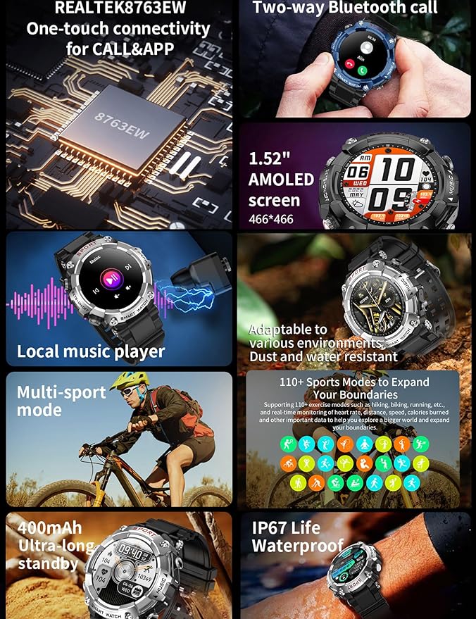 ZJX Smart Watch with Earbuds, 1.52-inch Full Touch HD Screen Metal Body, TWS Sports Earbuds Smart Watch Three-in-one，Support Custom Dial, Local Music Storage, Health Monitoring, Message Notification