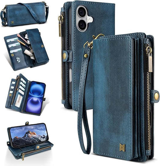 for iPhone 16 Wallet Phone Case with 7 Card Holder,RFID Blocking | PU Leather | Kickstand | Flip | Wrist Strap&Shoulder Strap | Shockproof | Zipper Wallet | Women Men | 6.1" | Blue