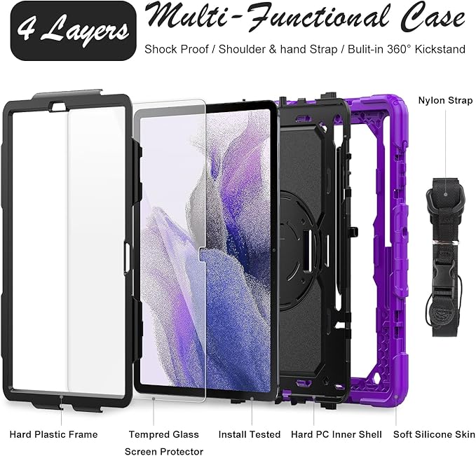 Tablet Case for Samsung Galaxy Tab S8 Plus/S7 FE/S7 Plus 12.4", [Shockproof] with Tempered Glass Screen Protector, Rotating Kickstand/Hand & Shoulder Strap/S Pen Holder (Purple)