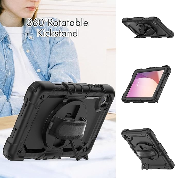 for Lenovo Tab M8 Case 4th Gen 2023 (TB-300FU) Case, with Screen Protector, Hand Strap, Shoulder Strap, Rotating Stand for Lenovo M8 8.0 Inch 2023 Release Black