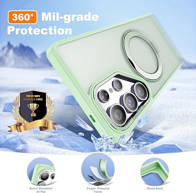 for Samsung Galaxy S25 Ultra Case with 360°Rotatable Magnetic Ring Stand Compatible with Mag-Safe Military Protection Shockproof Matte Translucent Phone Cases for S25 Ultra 6.9",Green