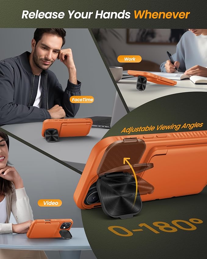 for iPhone 17 Case with Credit Card Holder, Built-in Camera Cover & Stand, Silicone Bumper Raised Edge Multifunctional Full Body Protective Phone Cover Case for iPhone 17 2025, Orange