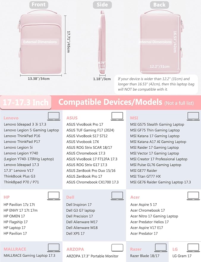 HYZUO 17-17.3 Inch Laptop Bag Case Sleeve for 17" 17.3" HP/Dell/Lenovo/ASUS/Acer/LG/MSI Gaming Laptop/Razer Blade 17/18, Notebook Carrying Briefcase for Men Women, Pale Pink