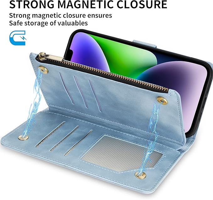 ZZXX for iPhone 14 Plus Case Wallet with [RFID Blocking] Card Slot Premium PU Leather Zipper Flip Folio with Wrist Strap Kickstand Protective Cover for iPhone 14 Plus Wallet Case(Light Blue-6.7 inch)