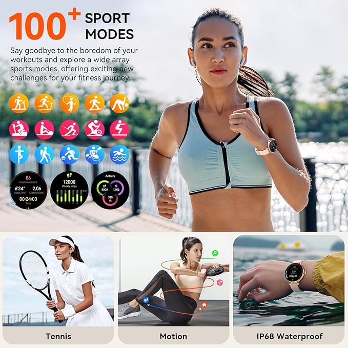 Smart Watches, 1.19" AMOLED Smartwatch for Women (Answer/Make Call), Fitness Tracker with 100+ Sport Modes, IP68 Waterproof, Heart Rate/Sleep Monitor, Activity Trackers Compatible with Android&iOS