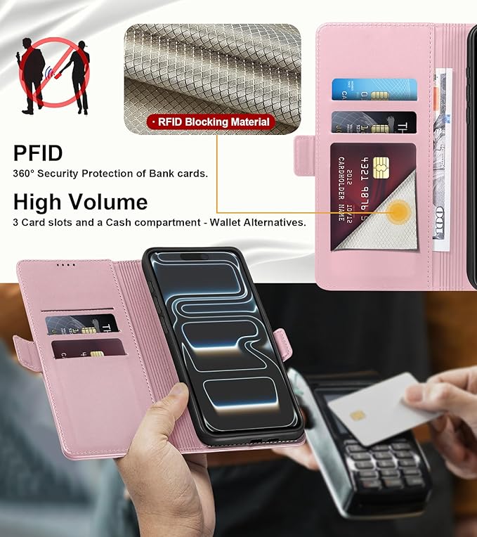 Wallet Flip Case for iPhone 17 Pro 5G - [RFID Blocking] Luxury PU Leather Card Holder Magnetic Phone Cover with Kickstand,Shockproof Protective Case,Pink