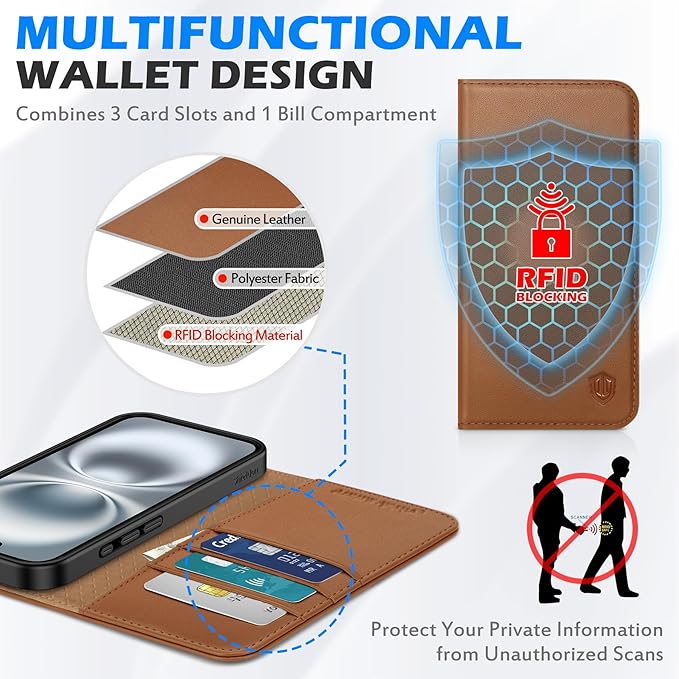 SHIELDON Wallet Case for iPhone 16 6.1" 2024, Genuine Leather Folio Magnetic Closure Kickstand RFID Blocking Card Slots Full Protection Cover Compatible with iPhone 16 5G - Nappa Saddle Brown