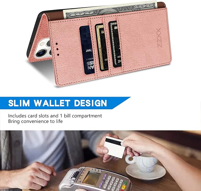 ZZXX for iPhone 15 Plus Wallet Case with [RFID Blocking] Card Slot Kickstand Magnetic Closure Leather Flip Fold Protective Phone Case for iPhone 15 Plus Case Wallet(Rose Gold-6.7 inch)