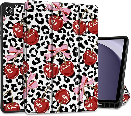 MEEgoodo Case for Samsung Galaxy Tab A9 Plus 11 inch Cover 2024 2023 with S Pen Holder, A9+ Smart Tablet Cases with Leather Trifold Stand+Soft TPU Back Shell+Smart Auto Wake/Sleep, Leopard & Cherry