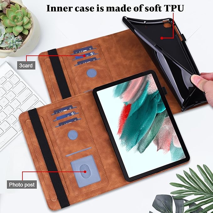 Case for Lenovo Tab M9 9 inch (TB-310FU), Embossed Lace PU Leather Flip Folio Protective Tablet Case with Elastic Band Card Slots Pen Holder, Multi-Angle Viewing Stand Cover - Brown