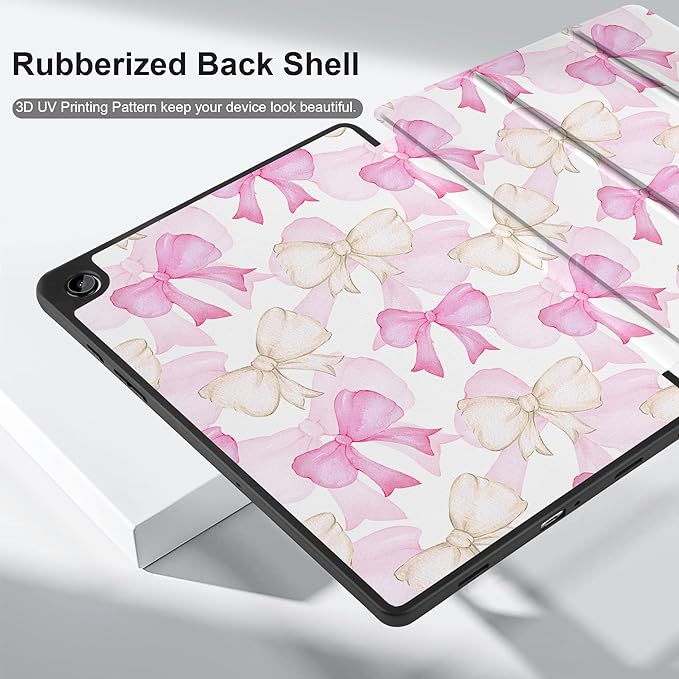 MEEgoodo Case for Samsung Galaxy Tab A9 Plus 11 inch Cover 2024 2023 with S Pen Holder, A9+ Smart Tablet Cases with Leather Trifold Stand+Soft TPU Back Shell+Smart Auto Wake/Sleep, White & Pink Bows