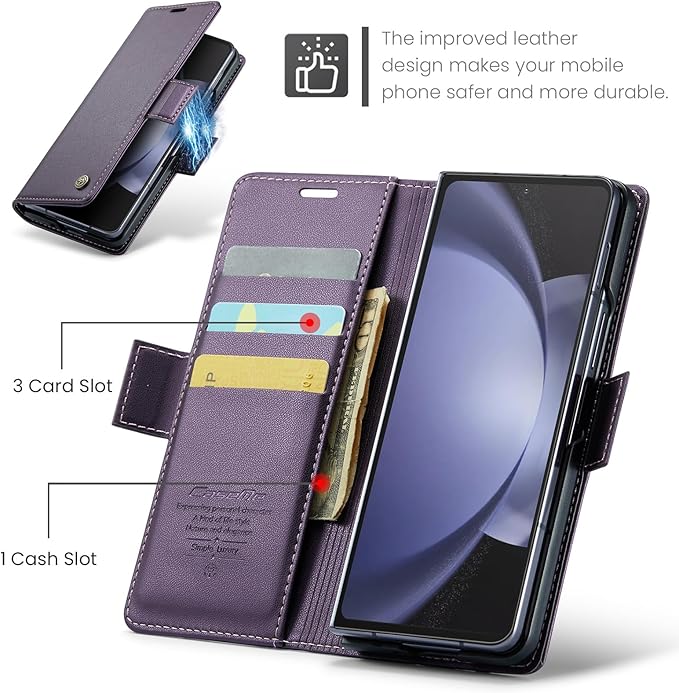 for Samsung Galaxy Z Fold 5 Case, Premium PU Leather Wallet Case Flip Cover with [RFID Blocking][Card Holder][Stand Function] Shockproof Protective for Samsung Galaxy Z Fold 5, Purple