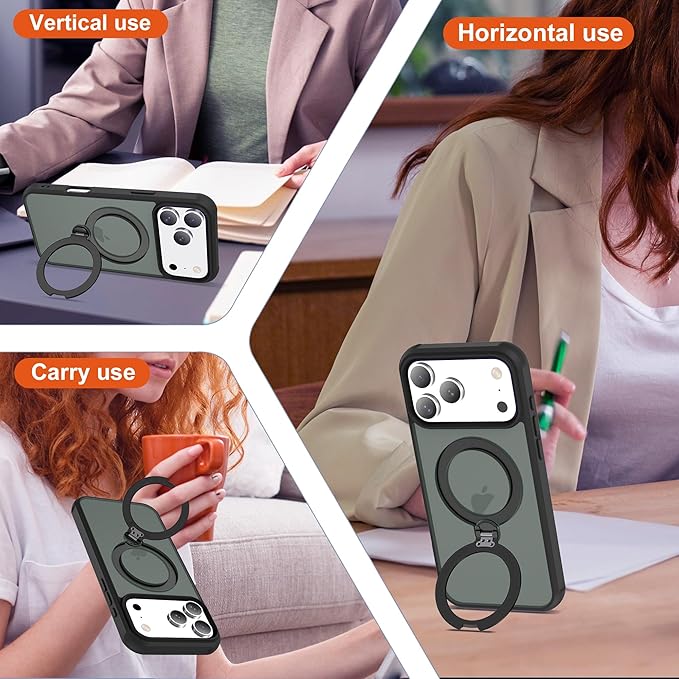 Compatible with iPhone 17 Pro Case with Invisible Magnetic 360°Spin Stand,Military-Grade Shockproof Protection [Compatible with Mag-Safe] Non-Slip Edge Translucent Case (6.3",Black)