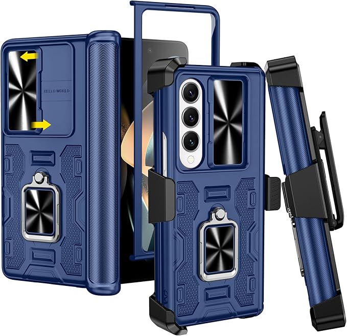 VEGO for Galaxy Z Fold 4 Case with Kickstand, Hinge Protection & Belt Clip Holster & Front Screen Protector & Slide Camera Cover Magnetic Kickstand Cover - Midnight Blue