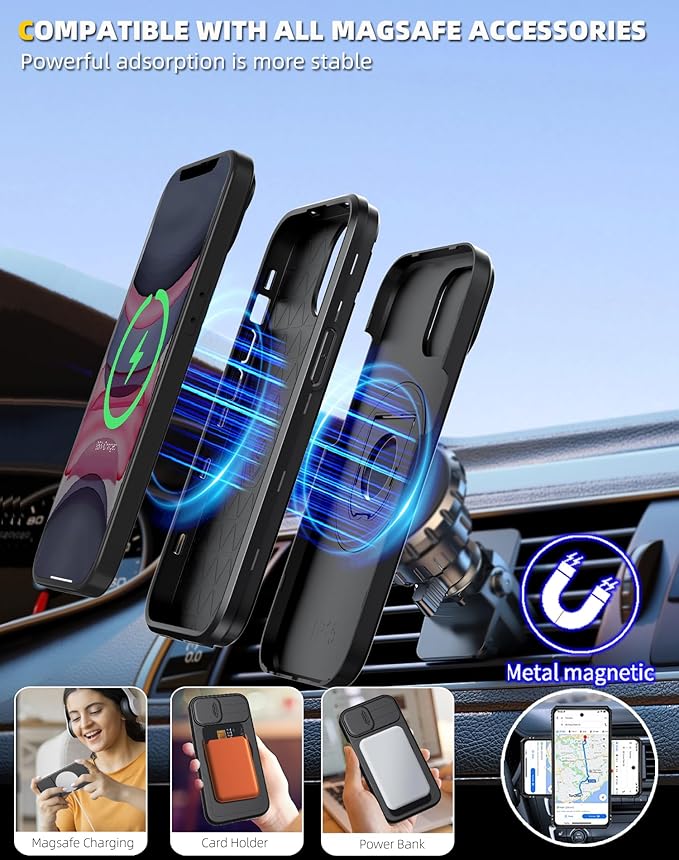 for iPhone XR Case/for iPhone 11 Case Compatible with MagSafe Magnetic,with 2 Screen Protector,with Camera Cover&Kickstand Ring,Military Grade Drop Shockproof Heavy Duty Protection Phone Black