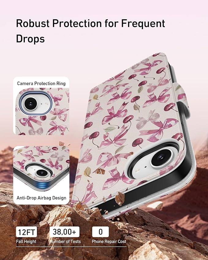 DEENAKIN for iPhone 16e Wallet Case with Card Holder + Cash Clip, RFID-Blocking, Military-Grade Drop Protection, Magnetic Closure with Leather Kickstand - Cherry & Bowknot