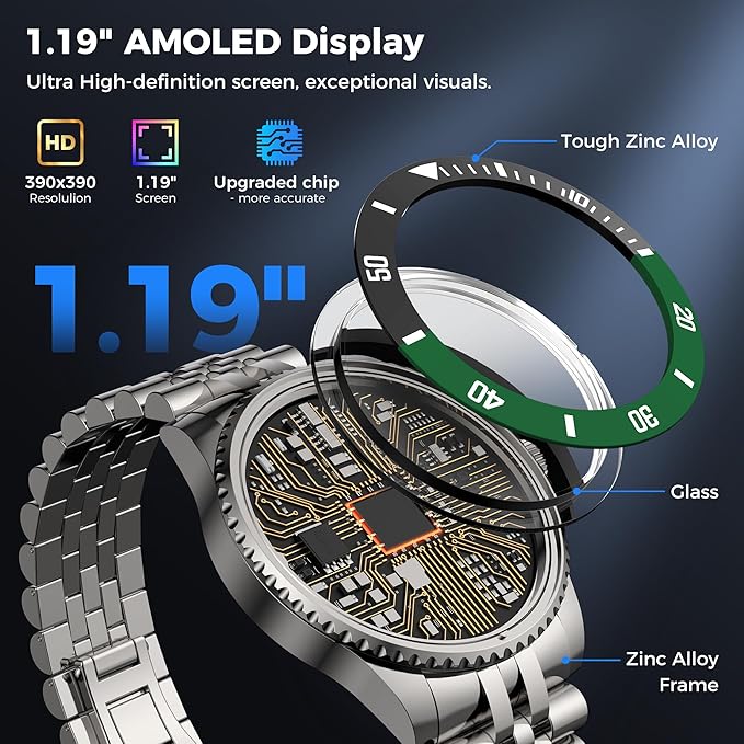 AI Smart Watch for Men Women -1.19" Luxury Smartwatch with Bluetooth Call, 24/7 Heart Rate, 100+ Exercise Modes, Fitness Sleep Monitor for iPhone Android, 2025, Silver Green