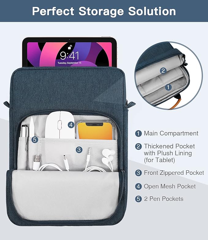 MoKo 9-11 Inch Tablet Sleeve Bag Handle Carrying Case with Shoulder Strap Fits 11inch iPad Air M3, iPad A16 2025, Pro 11 inch, iPad 10/9/8/7th Gen, Tab S8/S9 11", Indigo