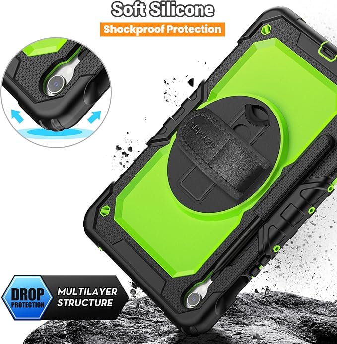 SEYMAC for Samsung Galaxy Tab S10 Lite/ S10 FE/ S9 FE/ S9 5G Case (10.9''/11''), Heavy Duty Shockproof Protective Case with Screen Protector, Rotating Stand, Hand Strap and Pen Holder, Green
