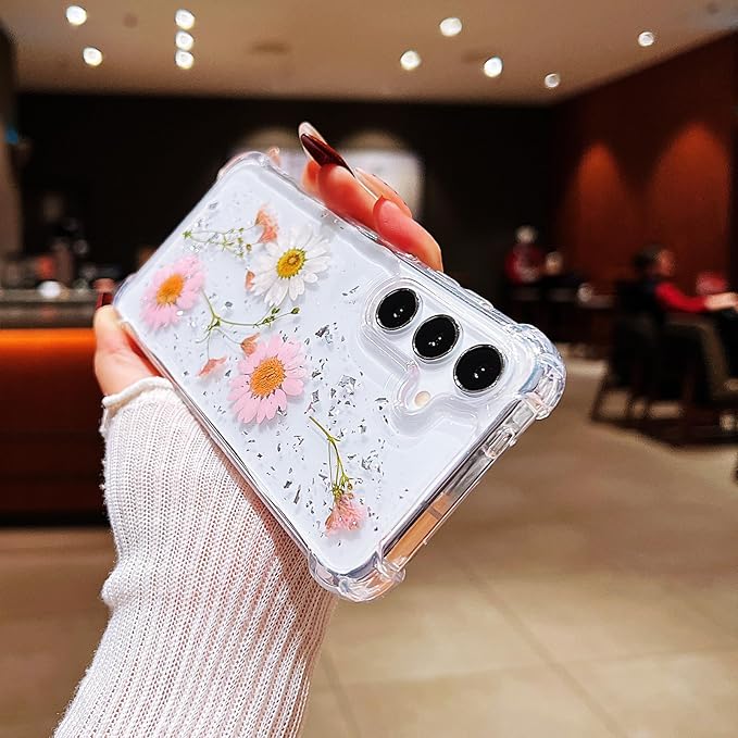 Compatible with Samsung Galaxy S25 Plus Case Cute Pressed Dried Real Flowers Women Girly Shockproof Glitter Floral Clear Phone Cover for Galaxy S25+ (Pink Flower)