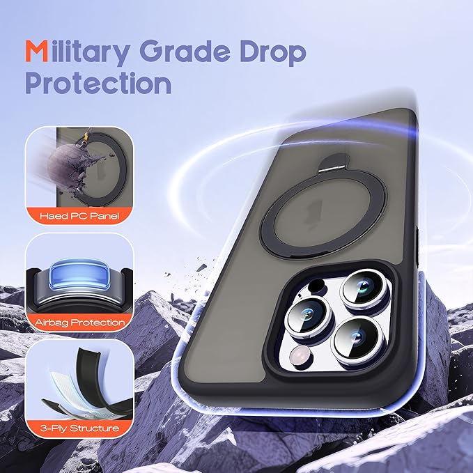 Designed for iPhone 15 Pro Max Case with Magnetic Ring Stand [Compatible with Mag-Safe] [Military Drop Protection] Shockproof Translucent Phone Cover 6.7" for Women Men,Black