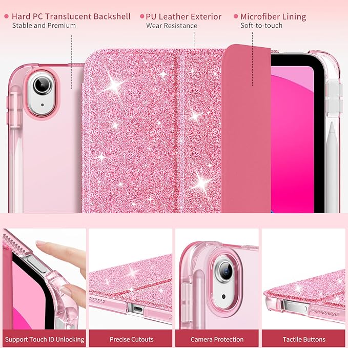 MoKo for iPad (A16) 11th Generation Case 11 Inch 2025, iPad 10th Generation Case 10.9 Inch 2022 with Pencil Holder, Slim Light Trifold Protective Cover with Hard PC Translucent Back Shell,Glitter Pink