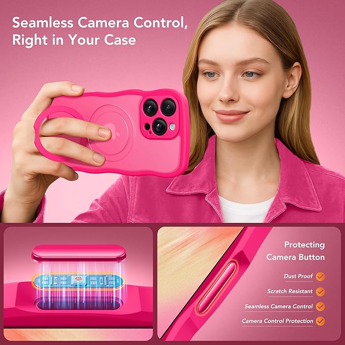 GolbinBox for iPhone 16 Pro Max Case for Women,[Compatible with Magsafe][360° Spin Magnetic Stand][Cute Wave Edge][Military-Grade Protection]Translucent Matte Phone Case for iPhone 16 ProMax, Hot Pink