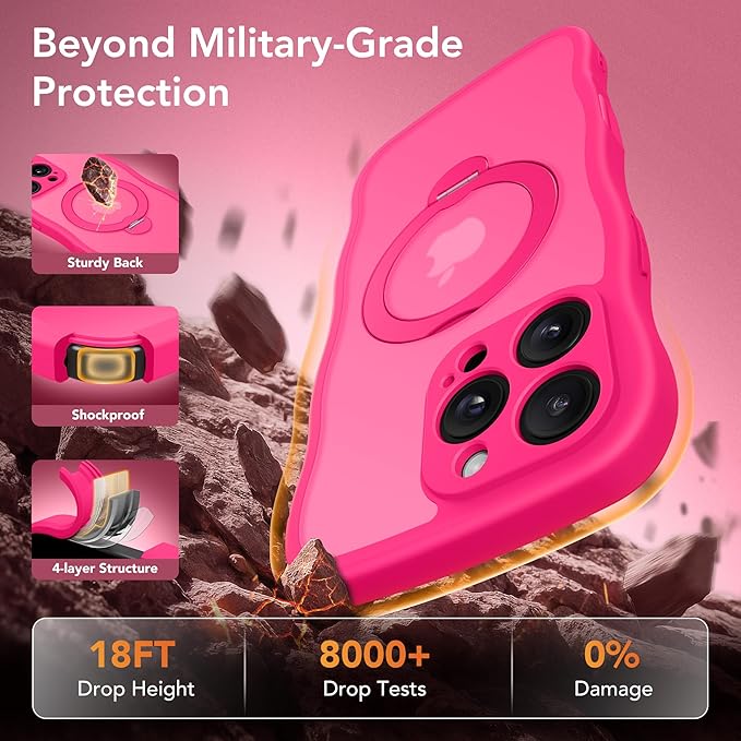 GolbinBox for iPhone 16 Pro Case for Women,[Compatible with Magsafe][360° Spin Magnetic Stand][Cute Wave Edge][Military-Grade Protection] Translucent Matte Phone Case for iPhone 16 Pro, Hot Pink