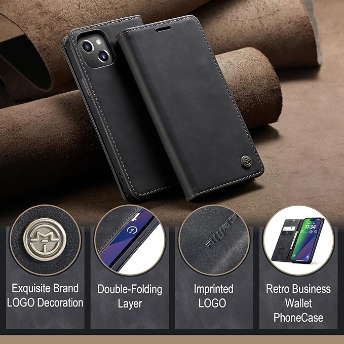 for iPhone 15 Plus Case, Flip Wallet Leather Case with Card Holder Magnetic Closure Shockproof Kickstand Protective Phone Cases Cover for iPhone 15 Plus, Black