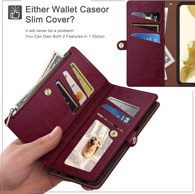 XcaseBar Compatible with Samsung Galaxy S25 Wallet case with Zipper Credit Card Holder【RFID Blocking】,Flip Folio Book PU Leather Phone case Shockproof Cover Men Women for Samsung S25 case Wine Red