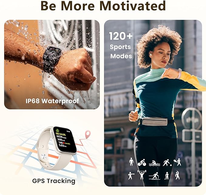 Smart Watch for Men Women, Bluetooth Call, 120+Sports Modes Fitness Tracker, Sleep Tracking, Step & Calorie Counter, IP68 Water Resistant Smartwatchs for Android iPhone, lightweight Casual Beige