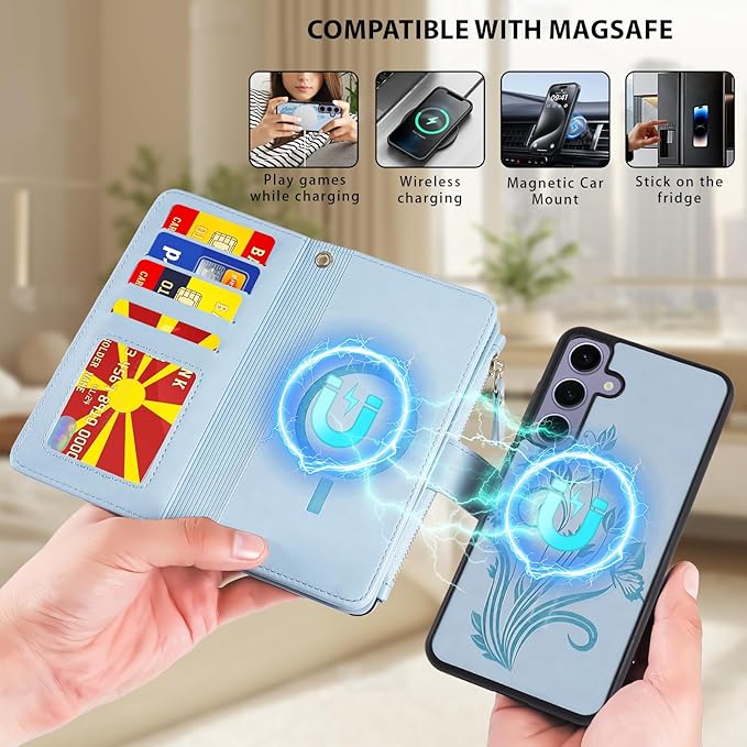 Lacass for Samsung Galaxy S24 FE S24FE Case Wallet,Compatible with MagSafe 2 in 1 Magnetic Detachable PU Leather RFID Blocking Wallet Cover Card Holder Zipper Wrist Strap Lanyard,Floral Sky Blue