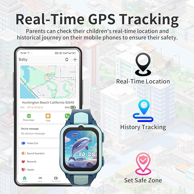 4G Kids Smart Watch Boys with GPS Tracker & Video Calling Texting, Smart Watch for Boys Age 5-12 with SOS Call Chat Camera Pedometer Alarm Calculator Games Phone Book, GPS Watch for Kids Gifts(Blue)