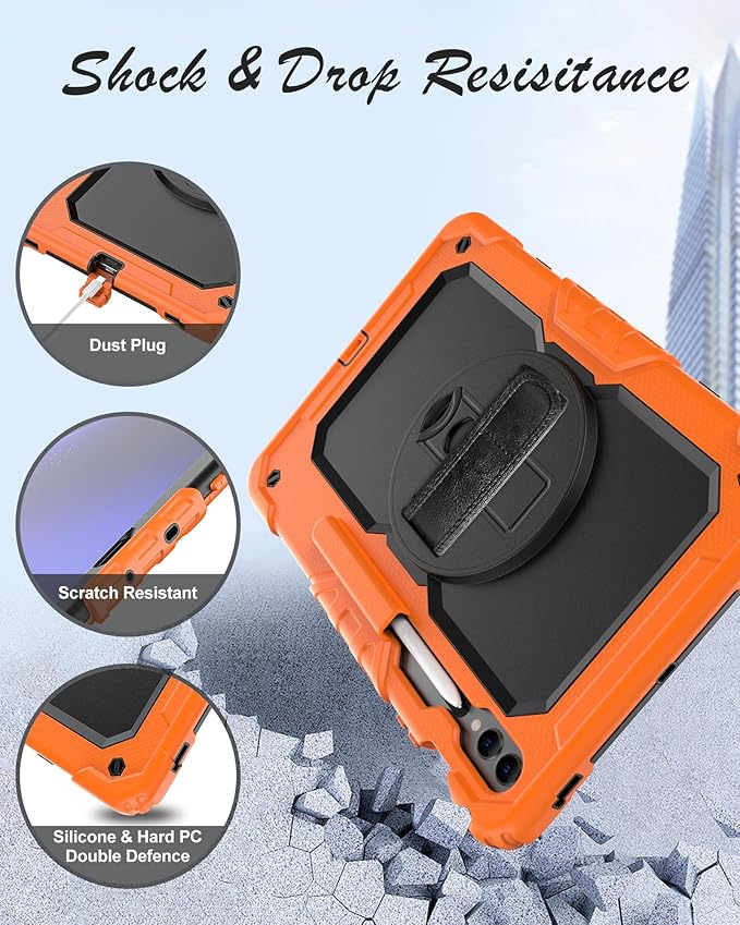 Tablet Case Compatible with Samsung Galaxy Tab S10 Plus 2024/S9 FE+/S9 Plus 5G Case 12.4-inch 2023,with Tempered Glass Screen Protector,Rotating Kickstand, Shoulder Strap (Orange)