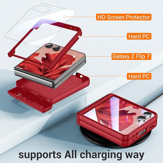 Temdan for Samsung Galaxy Z Flip 7 Case with [Built-in Front Screen Protector] [Kickstand][Hinge Protection][Hard PC] Ultra-Thin Shockproof Protective Phone Case for Galaxy Z Flip 7-Red