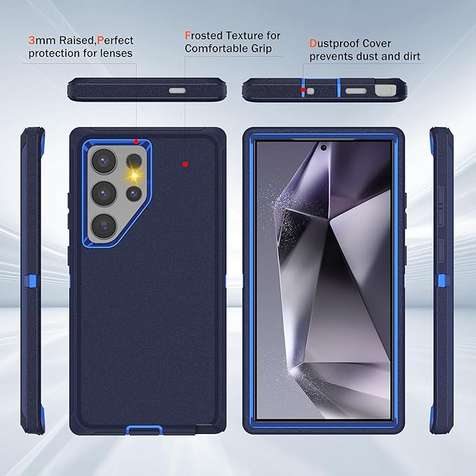 for Samsung Galaxy S24 Ultra Case with [2 Pack] HD Screen Protector, [Military-Grade] Shockproof Dust/Drop Proof 3-Layer Full Body Protection Heavy Duty Case for S24 Ultra, Navy