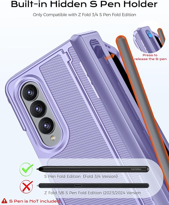 for Galaxy Z Fold 4 Case, S Pen Holder & Privacy Screen Protector & Kickstand & Hinge Protection, Slim Rugged Military-Grade Shockproof Protective Phone Case for Samsung Fold 4 (Purple)