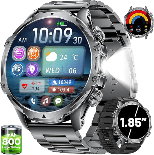 Military Smart Watch for Men,1.85" HD/800mAh Battery Smart Watches with LED Flashlight for Android iOS (Bluetooth Call Answer/Calls)Fitness Tracker with Heart Rate/Sleep Tracking/Blood Oxygen Black
