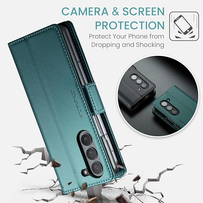 for Samsung Galaxy Z Fold 6 Case, Premium PU Leather Wallet Case Flip Cover with [RFID Blocking][Card Holder][Stand Function] Shockproof Protective for Samsung Galaxy Z Fold 6, Blue-Green