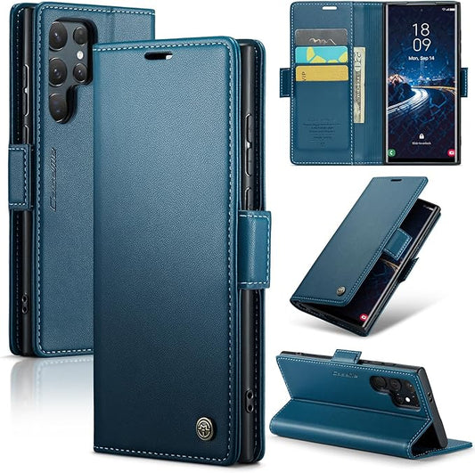 AUPAI for Samsung Galaxy S22 Ultra Wallet Case with Credit Card Holder, PU Leather RFID Blocking Folio Flip Kickstand Magnetic Clasp Protective Phone Cover for Women Men Blue