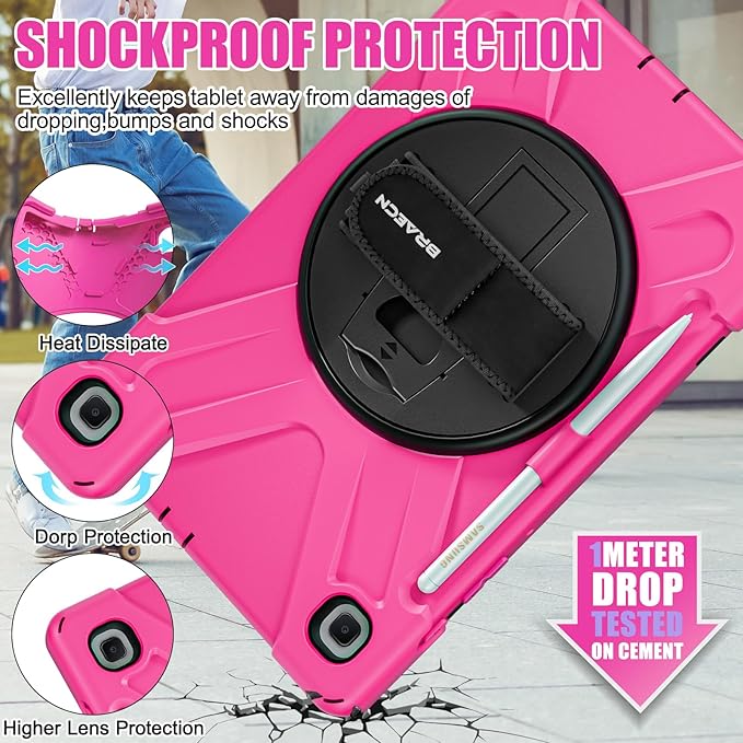 BRAECNstock for Samsung Galaxy Tab S6 Lite Case 10.4 inch 2024/2022/2020 (SM-P620/P610/P615/P619) Shockproof Protective Tab S6 Lite Case Kids with Pencil Holder Rotating Stand & Hand Strap - Rose Red