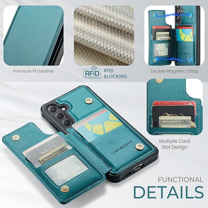 Vinich for Samsung Galaxy S24 FE Wallet Case with Card Holder, RFID Blocking Credit Slots Kickstand Shockproof Phone Cover for Women Men, Bluish Green