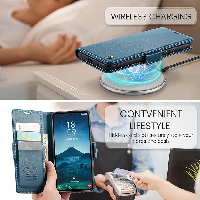 AUPAI for Samsung Galaxy S23 Wallet Case with Credit Card Holder, PU Leather RFID Blocking Folio Flip Kickstand Magnetic Clasp Protective Phone Cover for Women Men Blue