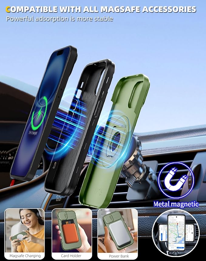 for iPhone 16 Plus Case Compatible with MagSafe Magnetic,with 2 Screen Protector,Built-in Camera Cover,with Kickstand Ring,Military Grade Drop Shockproof Heavy Duty Protection Phone Case Green