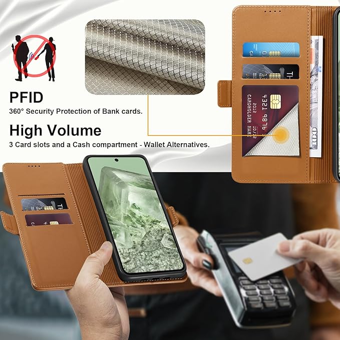 Wallet Flip Case for Google Pixel 8 - [RFID Blocking] Luxury PU Leather Card Holder Magnetic Phone Cover with Kickstand,Shockproof Protective Case,Brown